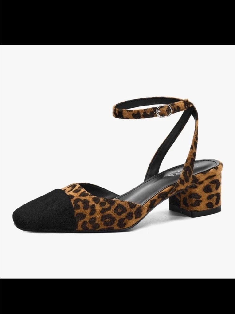 Leopard Print Ankle-Strap Low Block Heel Pumps - Black & Brown size 9
